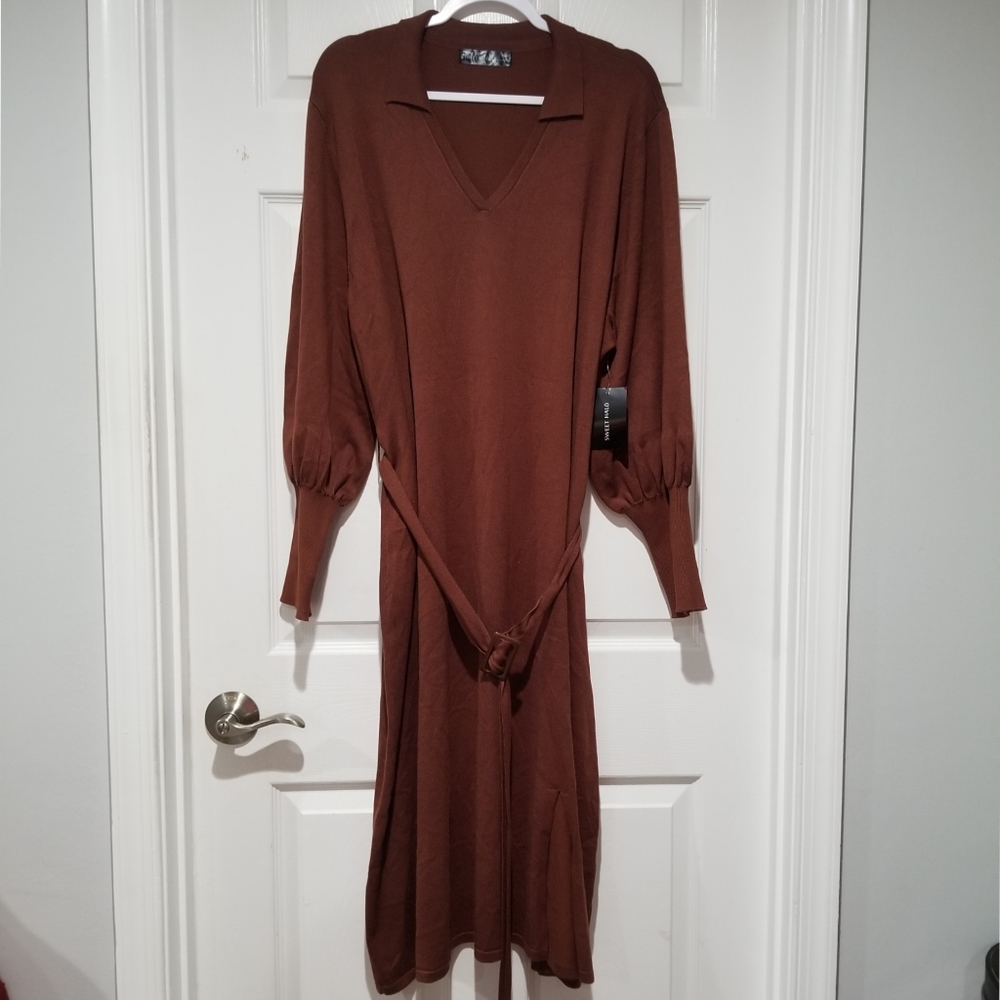 Sweet Halo Chocolate Brown Balloon Sleeve Side Slit Belted Sweater Polo Dress
